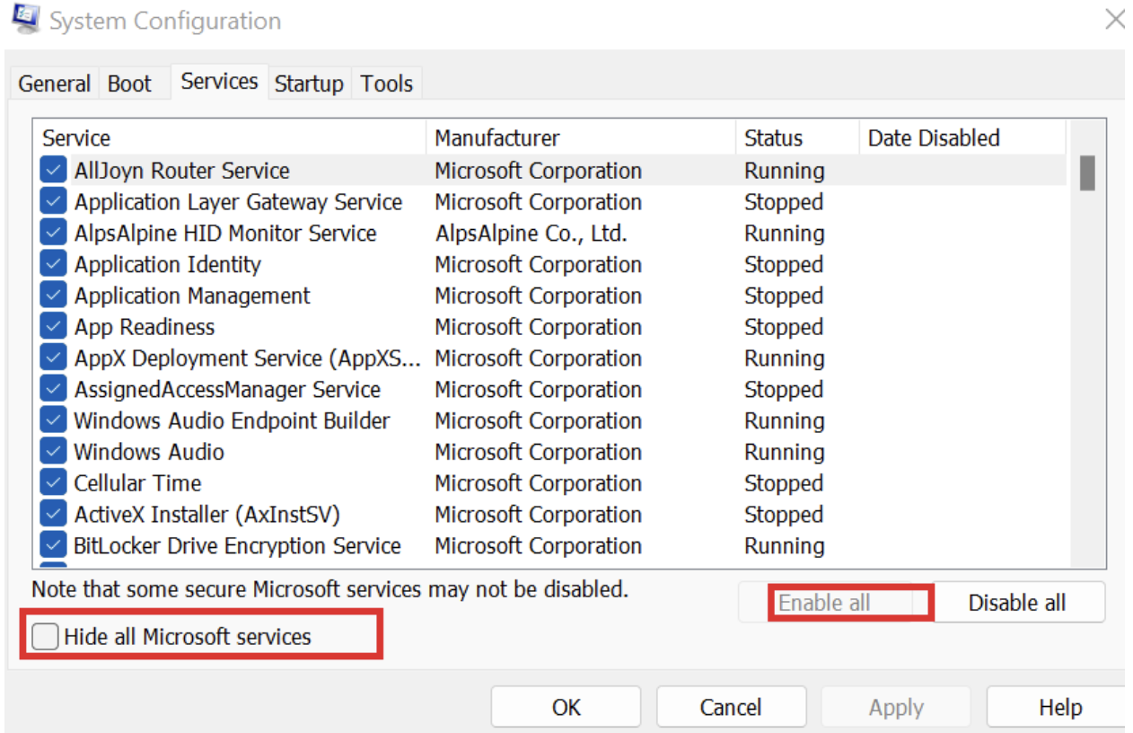 Navigate to the Services tab, uncheck Hide all Microsoft services, and click Enable all